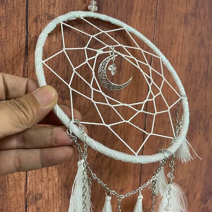 White Dream Catchers Handmade Feather Native Circular Net for Boys Girls Bedroom Wall Hanging Nursery Bedroom Decoration Blessing Gift