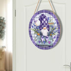 Spring Summer Gnome Lavender Flower Sign for Front Door 12"x12" Purple Floral Buffalo Plaid Wood Door Hanger for Outdoor Outside Porch Spring Summer Farmhouse Wooden Wreath for Wall Porch Yard