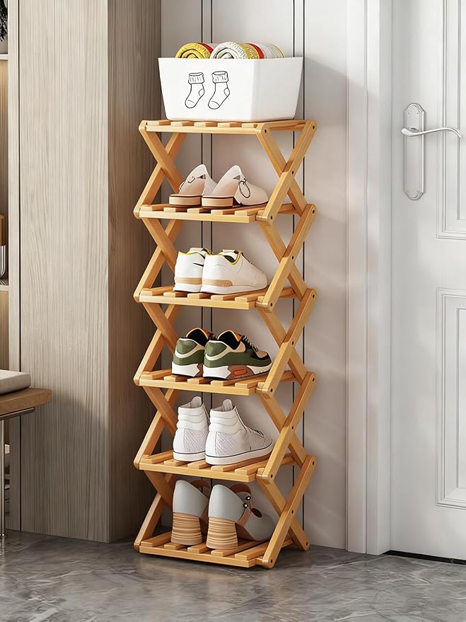The 9-Tier No-Assembly Bamboo Rack, New Upgrade 9 Tier Bamboo Shoe Rack, Space-Saving Tall Narrow Accordion Shoe Rack for Entryway Closet Dorm (Natural-6)