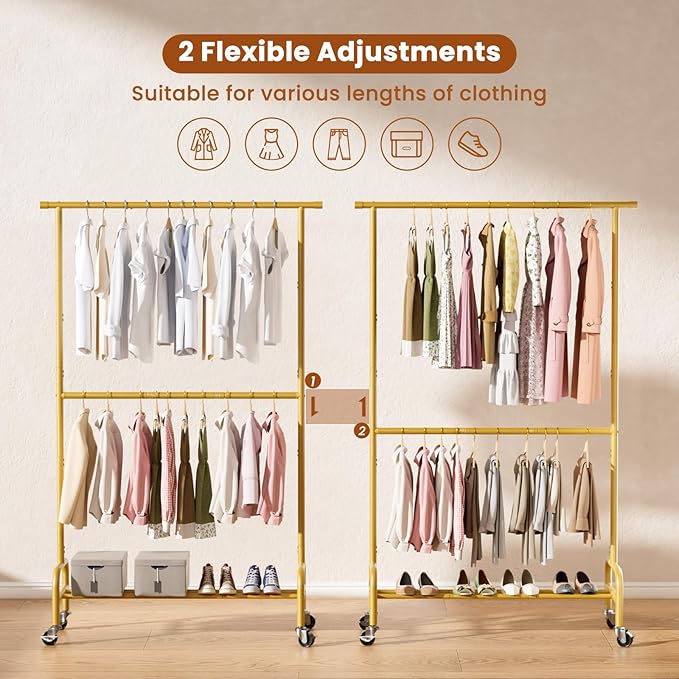 Abiglifty 2 Tier Clothes Rcks for Hanging Clothes, Heavy-Duty Clothing Rack with Wheels,150LBS Capacity, 42" W X15 D X 77" H Garment Rack with Bottom Shelf, for Bedroom, Living Room, Gold