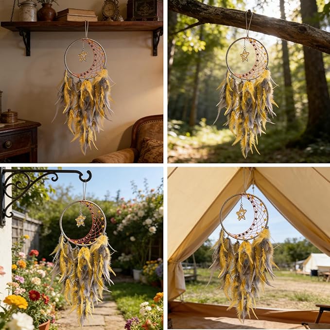 Dream Catcher Tree of Life Wall Decor,Sun Catcher,Moon Dream Catchers for Girl,Boho Bedroom Decor for Home,Handmade Feather Wall Decor Hanging Ornament(Yellow)