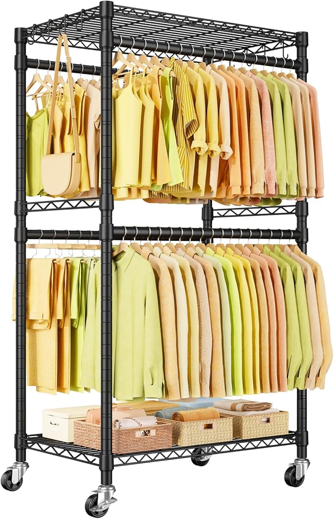 P4 Rolling Clothes Rack Heavy Duty, Clothing Racks for Hanging Clothes, Freestanding Garment Racks with Wheels, Metal Portable Closet Rack 35.5''W × 20.5''D × 80.5''H, Max Load 560Lbs, Black