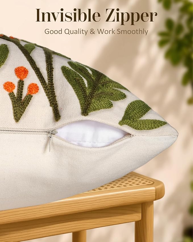 Embroidered Throw Pillow Covers 18x18 Inch - Set of 2 Summer Spring Boho Decorative Pillow Covers with Zipper for Living Room Couch Sofa Bed Aesthetic Design Flower Cluster Cushion Pillowcases