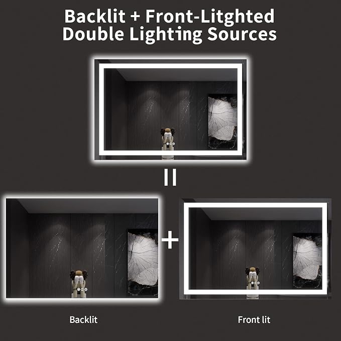 LOAAO 60X40 LED Bathroom Mirror with Lights, Anti-Fog, Dimmable, Backlit + Front Lit, Lighted Bathroom Vanity Mirror for Wall, Memory Function, Tempered Glass, ETL Listed