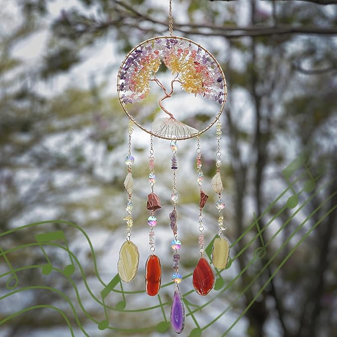Agate Moon Dream Catchers with Crystal Color Gemstone Dream Catchers Natural Tree of Life Gem Agate Wall Hangings Room Garden Dreamcatchers Decor (Color)