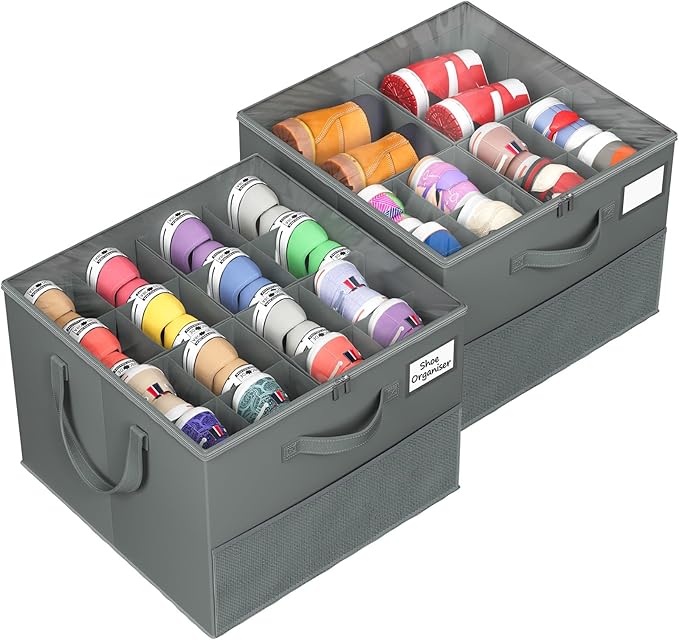 2 Pack Shoe Organizer for Closet, Large Shoe Box Storage Containers, Foldable Shoe Storage Organizer Box Bin with Adjustable Dividers and Clear Cover, Space Saving Shoes Holder, Gray