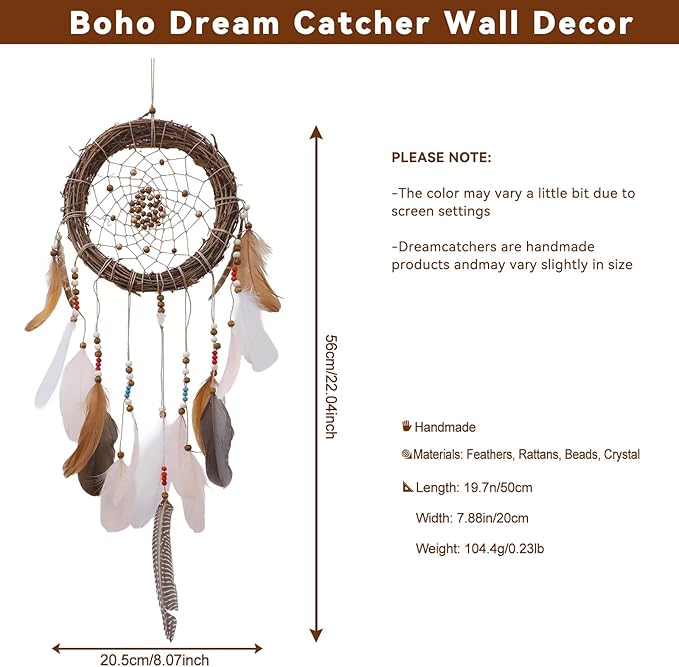 Rattan Dream Catchers with Peacock Feather, Boho Wall Decor Rustic Wooden Native American Wall Art for Bedroom Living Room (Pink Brown Mix)