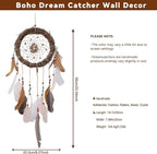 Rattan Dream Catchers with Peacock Feather, Boho Wall Decor Rustic Wooden Native American Wall Art for Bedroom Living Room (Pink Brown Mix)
