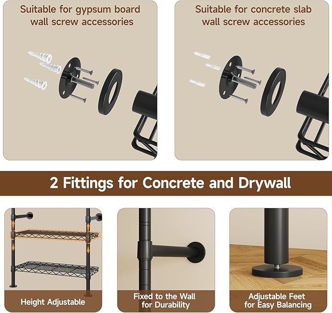 L3 Industrial Pipe Closet Organizer System, Wall Mounted Clothes Rack Clothing Racks with 4 Telescopic Rods & 6 Shelves , Heavy Duty Closet System in Wardrobe Closet (Black)