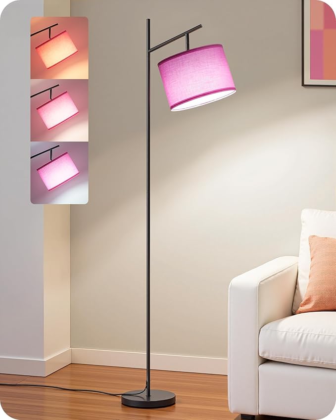 EDISHINE Modern Floor Lamps for Living Room, 64.7" Minimalist Standing Lamp with 3 Color Temperatures Bulb & Adjustable Linen Shade, Foot Pedal Switch, Arc Tall Lamp for Office Bedroom, Pink