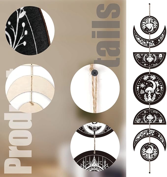 CREATCABIN 7Pcs Mushroom Tarot Moon Phase Hanging Moon Cycle Wall Decoration Wooden Half Round Pendant Ramadan Halloween Fall Home Ornament for Bedroom Farmhouse Gallery Apartment Bar 37.1x6.3in
