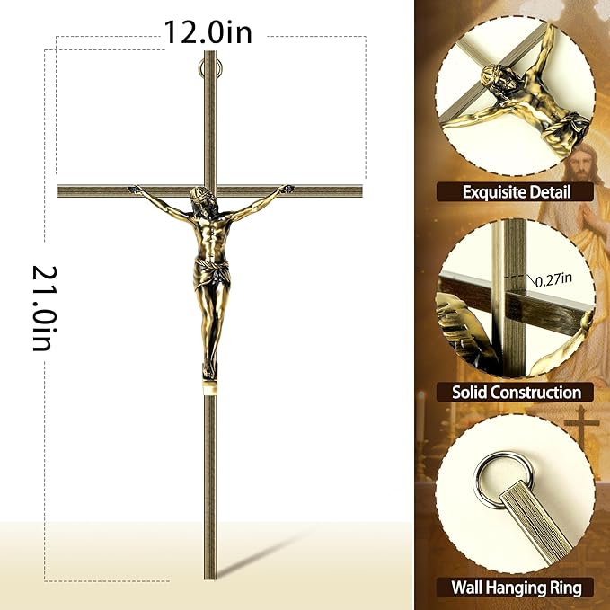 KUXBET Catholic Crucifix Wall Cross, 21 inch Metal Jesus Christ Cross, Handmade Hanging Wall Décor for Home, Religious Devout Give Faith Gift (21.0inch, Vintage)