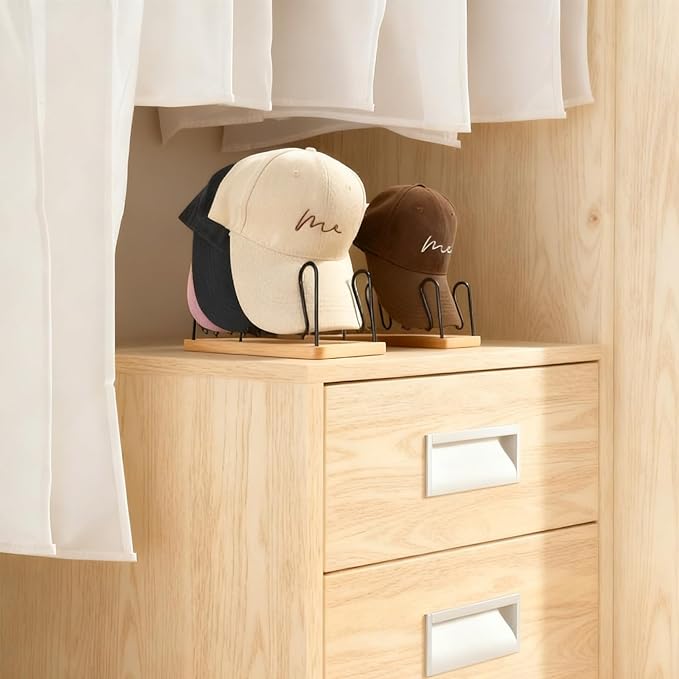 Hat Organizer for Baseball Caps-2 PacK | Wood & Metal Hat Rack Holds 14 for Baseball Caps | Space-Saving Closet Shelf Organizer for Bedroom, Dresser, Entryway
