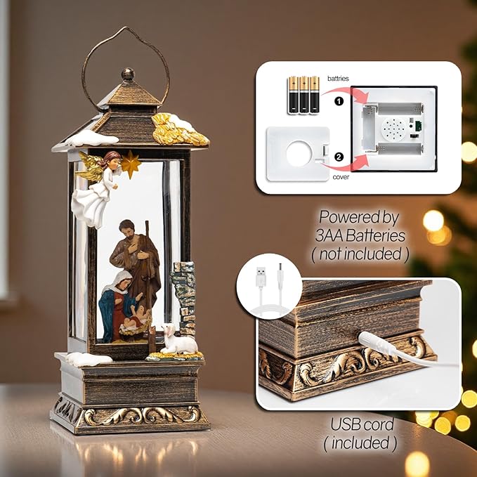 12" Christmas Snow Globe Lantern with Nativity and Angel - Water Glitter LED Light Musical Lantern with Exterior Decor - Vintage Xmas Gifts - USB Plug or Battery Operated Home Decor(Angel & Nativity)
