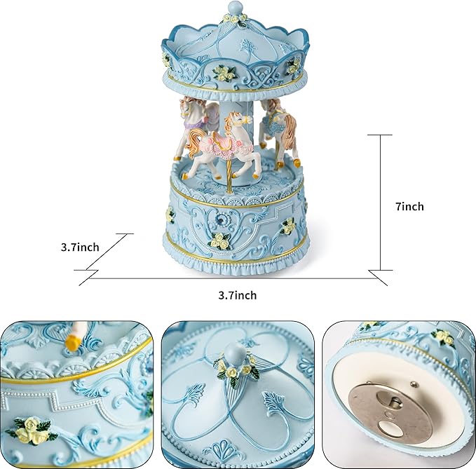 Elegant Blue Carousel Music Box,Handcrafted Rotating Horses & Floral Details Musical Figurine, for Birthdays,Christmas,Valentine's Day,Birthday,Home Décor,Plays You are My Sunshine Tune