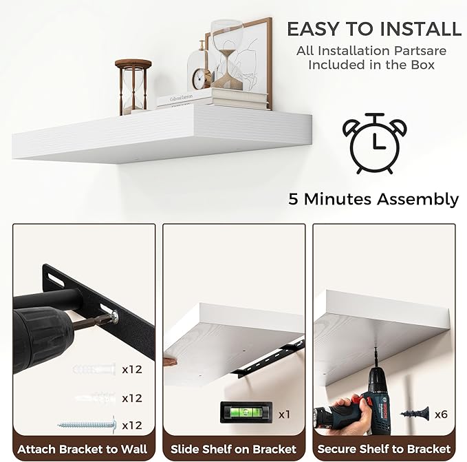 Venusmiles Floating Shelves for Wall, 30" W x 12" D x 2" H, 2 Pack of Long Wall Mounted Engineered Wood Shelves with Invisible Brackets for Living Room, Bedroom, Bathroom, Kitchen Decor, White