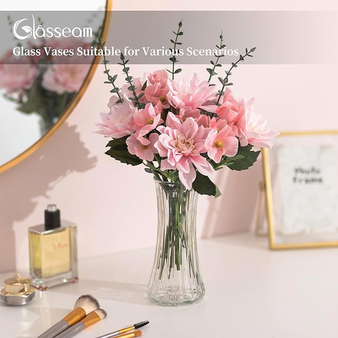 Glasseam Glass Vase for Home Decor: Clear Flower Vases for Living Room Kitchen Bathroom Wedding Table Centerpieces - 7.5" Tall Modern Vintage Decorations for Bouquet Pampas Grass Lego Flowers