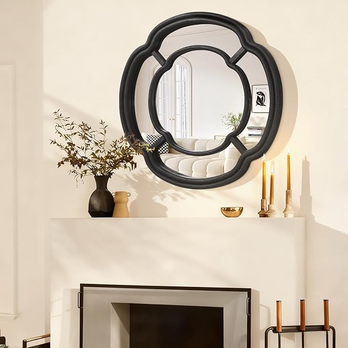 Black Wall Mounted Mirror, Large Irregular Circle Hanging Mirror Wooden Wavy Framed Round Decorative Mirrors for Hallway Entryway Vanity Decor 20 Inch Mirrors