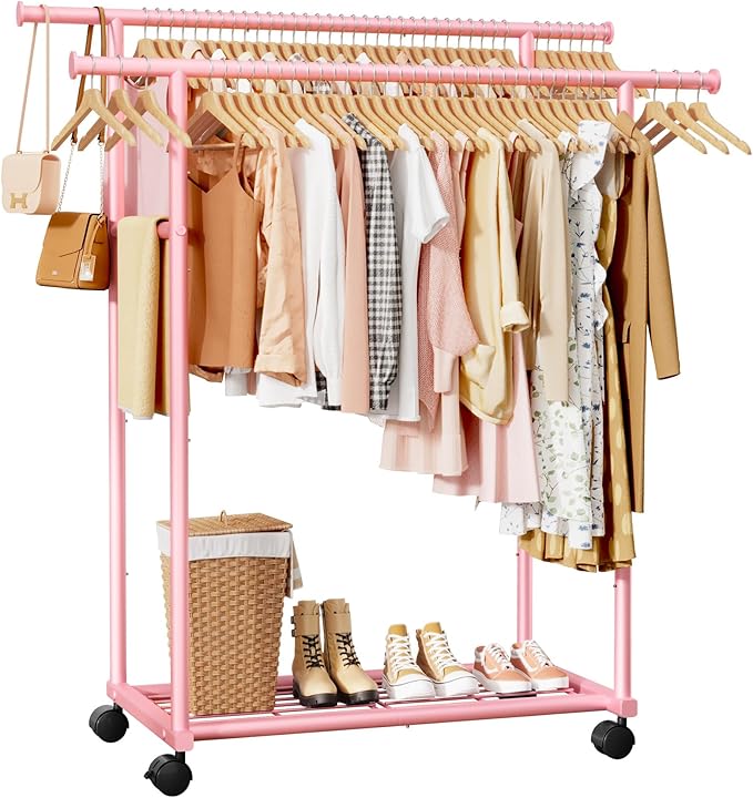 Metal Clothes Rack - Double Rod Clothing Rack with Fixed Design and Rolling Wheels, Coat Rack with Built-In Shelf for Closet Organizers and Storage (38.5" x 16.9" x 59.0", Pink)