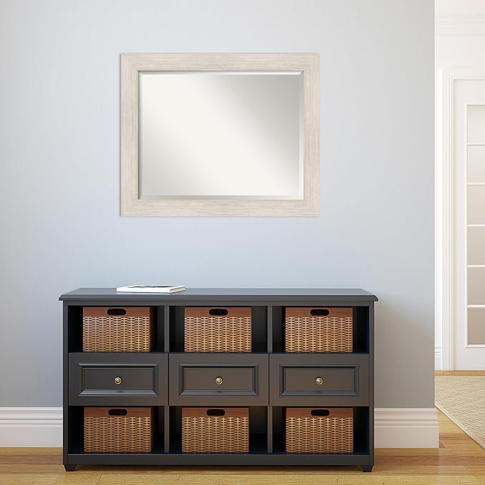 Amanti Art White Wall Mirror 27x33 Hardwood White Wash Rectangle Bathroom Mirror for Wall Decor Living Room, Large Country Rustic Wood Frame, Hangs Horizonally and Vertically, Bathroom Decor, Beveled