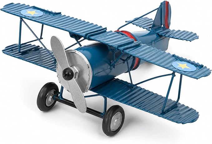 LOGOFUN Vintage Airplane Decor Metal Iron Aircraft Biplane Model Retro Hanging Plane Handicraft Ornament for Home Desktop Decoration - Blue 16.00X13.00X5.50cm