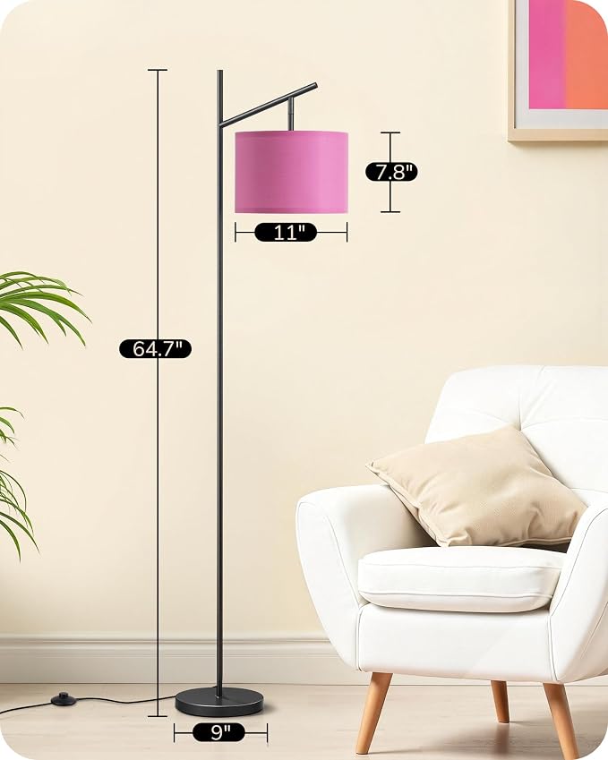EDISHINE Modern Floor Lamps for Living Room, 64.7" Minimalist Standing Lamp with 3 Color Temperatures Bulb & Adjustable Linen Shade, Foot Pedal Switch, Arc Tall Lamp for Office Bedroom, Pink