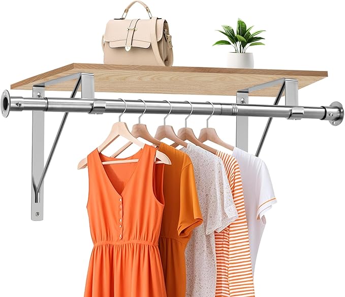 Closet Rod, 16 to 87 Inch Closet Rods Heavy Duty Adjustable Wardrobe Poles for Hanging Clothes and Heavy Duty Bracket Closet Pole Support (The Shelf NOT Included)(Silver)