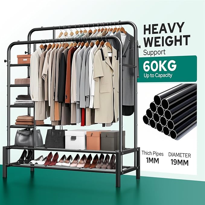 Clothes Rack, Double Rods Clothing Rack with 2 Bottom Shelves & 4 Side Shelves, Metal Garment Rack for Hanging Clothes, Heavy Duty Clothes Rack for Bedroom, Laundry, Living Room, Black