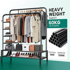 Clothes Rack, Double Rods Clothing Rack with 2 Bottom Shelves & 4 Side Shelves, Metal Garment Rack for Hanging Clothes, Heavy Duty Clothes Rack for Bedroom, Laundry, Living Room, Black