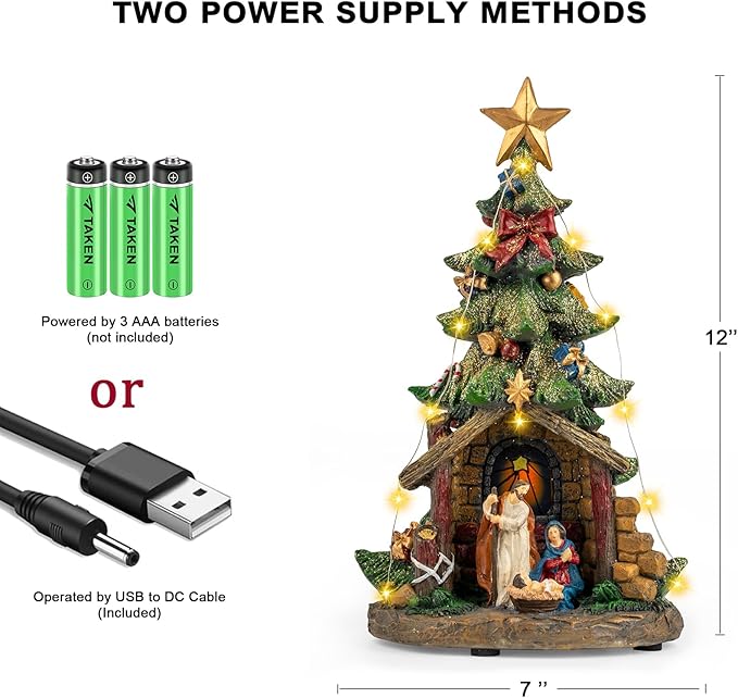 VISFLAIR 12'' Christmas Tree Lighted Manger Nativity Scene, Musical Holy Family Collectible Buildings Figurines LED Light Play Silent Night Music, Holiday Decorations Gifts for Family or Friends