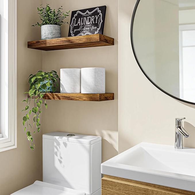 Fixwal Floating Shelves for Wall, 15.7" Wood Wall Mounted Shelves for Living Room, Bedroom, Bathroom and Kitchen, for Storage, Books, Room Decor (Rustic Brown, Set of 2)