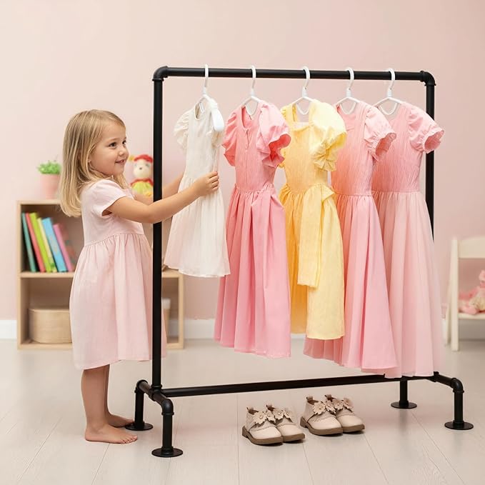 Kids Pipes Dress up Clothing Rack, Kids Clothes Rack, Child Garment Rack, Hanging Clothes Rod Storage Shelf Organizers Shelves Shelving, Black Metal