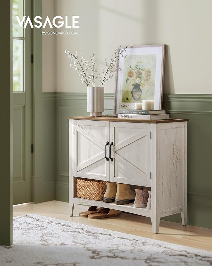 VASAGLE LIRY Collection - Shoe Cabinet, 3-Tier Storage Organizer, Shoe Shelf, Farmhouse Freestanding Cabinet, Height-Adjustable Shelf, 13.8 x 31.5 x 27.6 Inches, Rustic White ULBC038W01