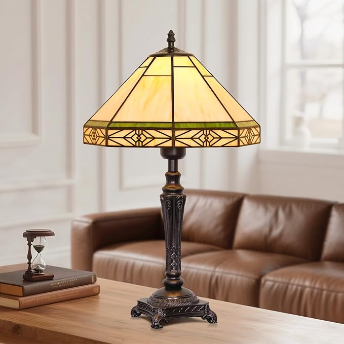 Table Lamp with Stained Glass Shade, Vintage Style Desk Lamp, Mid Century Modern Bedside Nightstand Decorative Lamps with Rocker Switch, Unique Accent Light for Bedroom Living Room Office (E26 Base)