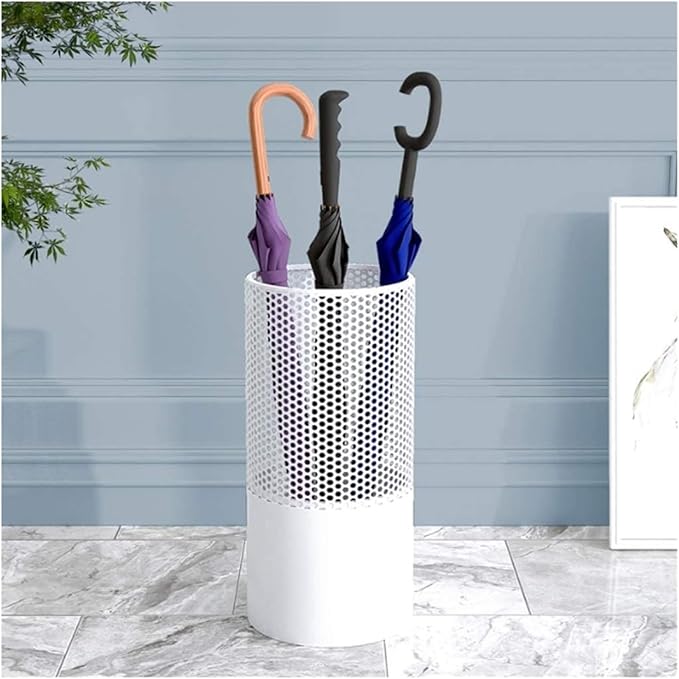 Umbrella Stands Hollowed-Out Metal Umbrella Holder with Hooks,Umbrella Rack Modern Round Outdoor Hallway Entryway Umbrella Stand Rack (Color : White, Size : 58cm)