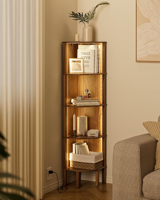 Corner Shelf Stand, 5 Tier Corner Bookshelf,Corner Furniture for Bedroom Display Corner Shelf for Small Space,Wood Shelves with Storage Rack for Living Room,Office,Walnut