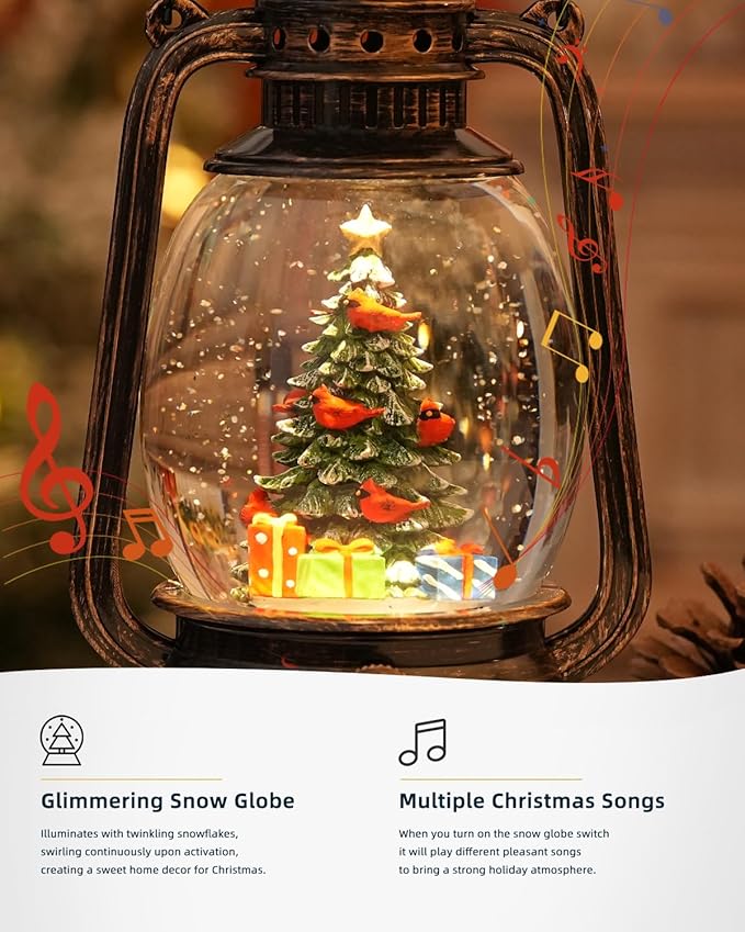 Snow Globe Christmas Decorations, Musical Christmas Snow Globes Glitter Tree Lantern Light Up 6H Time USB Lined/Battery Festival Snow Globes for Adults