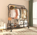 Antiwar Sturdy Metal Double Rodding Clothes Rack With Wheels, Portable Clothing Rack With Shelves & Hooks, Heavy Duty Garment Racks for Hanging Clothes, Multi-Functional Closet Rack for Bedroom, Black