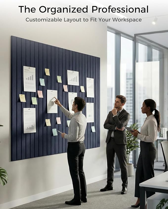 Aothia 12-Pack Felt Bulletin Board Tiles 48"x36", Modular Pin Board for Smooth Walls, Cork Board Alternative for Notes & Photos, 0.35" Thick, 70 Adhesive Tabs & 40 Pins, Navy Blue