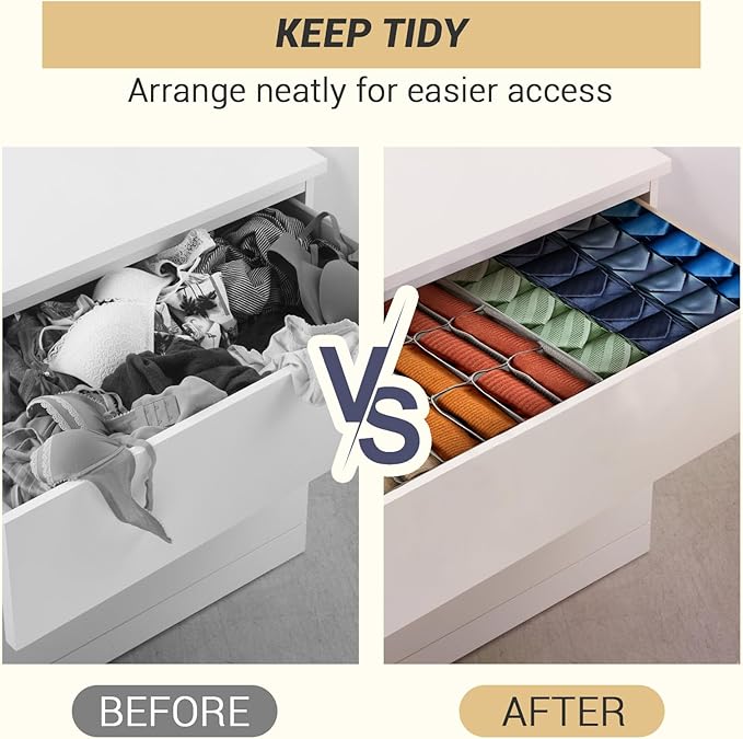 4 Pack 96-Cell Fabric Sock Organizer and Tie Organizer For Men - Fabric Foldable Drawer Divider for Socks, Underwear, Ties and Belts - Foldable, Multi-Cell Design, Space-Saving (Grey)