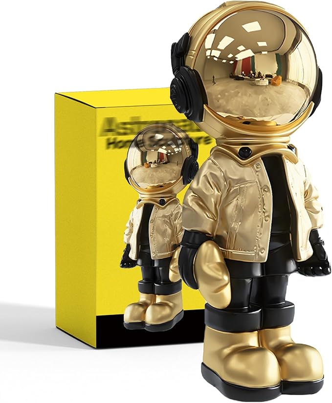 EZ4ENCE Figurine Statue Astronaut Sculpture Spaceman Decor,Sculpture for Home Decor,Arts Gold and Black Shelf Decoration,Cool Metal Mask Table Decor,Large Spaceman Figure Ornament