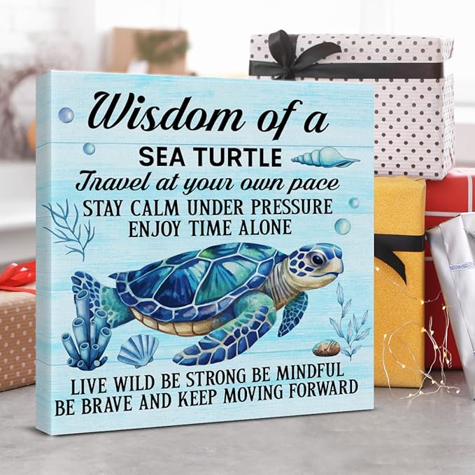 Sea Turtle Wall Art Decor Inspirational Wall Decor Posters Beach Themed Decoration for Bathroom Bedroom Living Room Home Office, Sea Turtle Gifts for Turtles Lovers (8 X 8 Inches, Framed)
