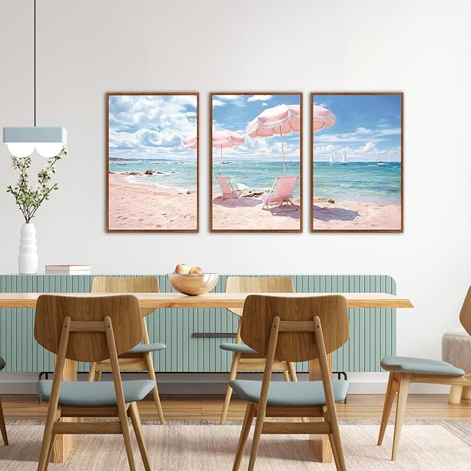 KAlRNE Summer Pink Beach Framed Canvas Wall Art Set of 3(24”X36”),Seascape Coastal Surfing Wall Decor,Modern Nature Ocean Art Prints For Living Room Bedroom Office