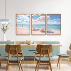 KAlRNE Summer Pink Beach Framed Canvas Wall Art Set of 3(24”X36”),Seascape Coastal Surfing Wall Decor,Modern Nature Ocean Art Prints For Living Room Bedroom Office