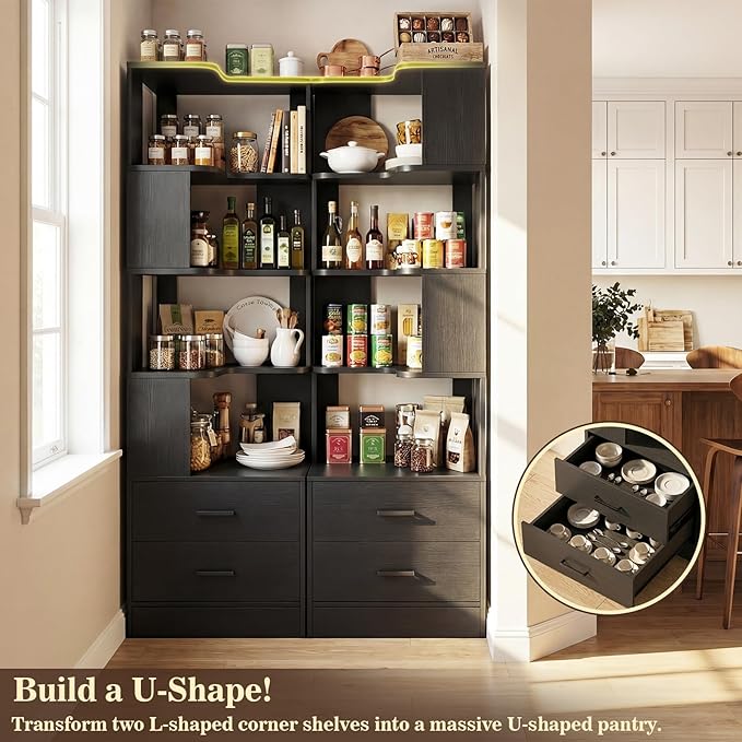 Armocity Corner Bookshelf with Drawers, 7 Tier Corner Book Shelf Display Bookcase, Freestanding L Shaped Bookshelf for Bedroom, Home Office, Black
