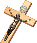 ACHIBANG 10 Inch Wooden Catholic Crucifix Wall Cross with Jesus & Saint Benedict Medal, Natural Wood Religious Decor for Home Prayer Room, Baptism Confirmation Catholic Gifts
