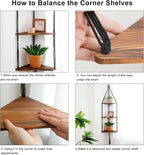 Artilady Macrame Corner Shelf Wall Hanging - 3 Tier Black Floating Shelves Plant Corner Wall Decor, Boho Rustic Wooden Plant Storage Rack for Bedroom Living Room Bathroom