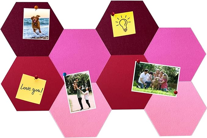 8Pcs Hexagon Felt Cork Board Tiles, Self Adhesive DIY Bulletin Board Pin Board for Office School Home Wall Decor Stickers Memos Photos Display (Gradual Red)