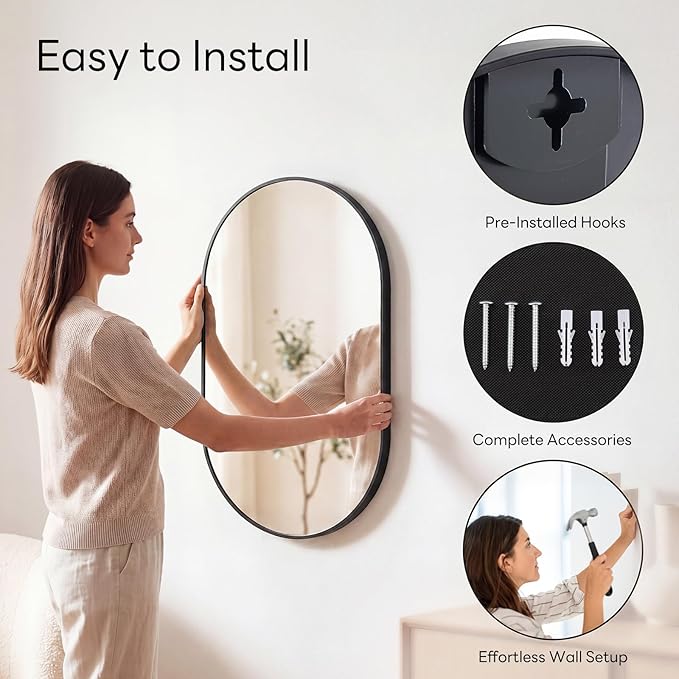 Sweetcrispy 20" x 30" Black Bathroom Mirror for Wall, Oval Wall Mirrors with Metal Frame, Tempered Glass, Modern Vanity Mirror for Over Sink, Living Room, Bedroom, Entryway, Horizontal or Vertical