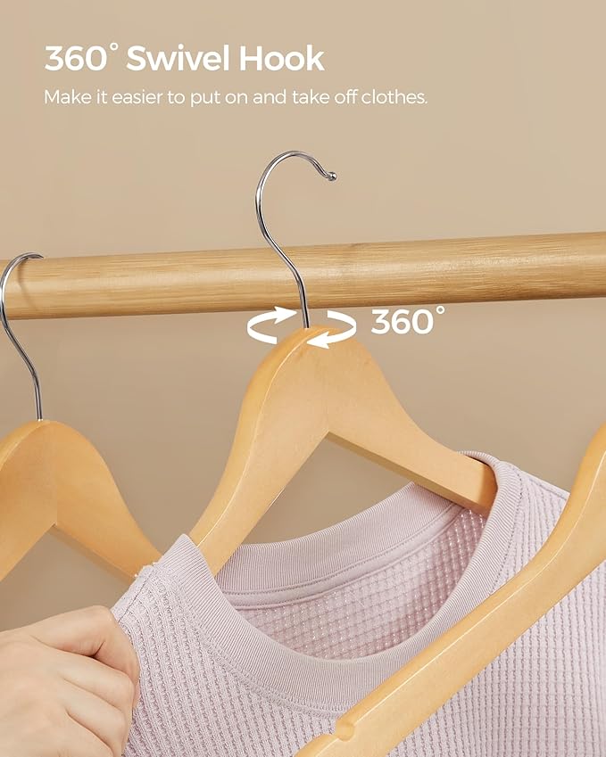 SONGMICS Solid Wood Hangers, 20-Pack Coat Hangers with Shoulder Notches, Pants Bar, 360° Swivel Hook, Non-Slip for Jackets, Shirts, Dresses, Natural UCRW001-20